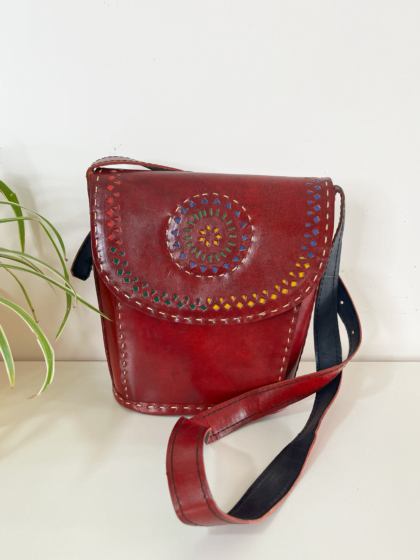 Handcrafted Kutchi leather Bucket shaped Sling Bag with Cutwork