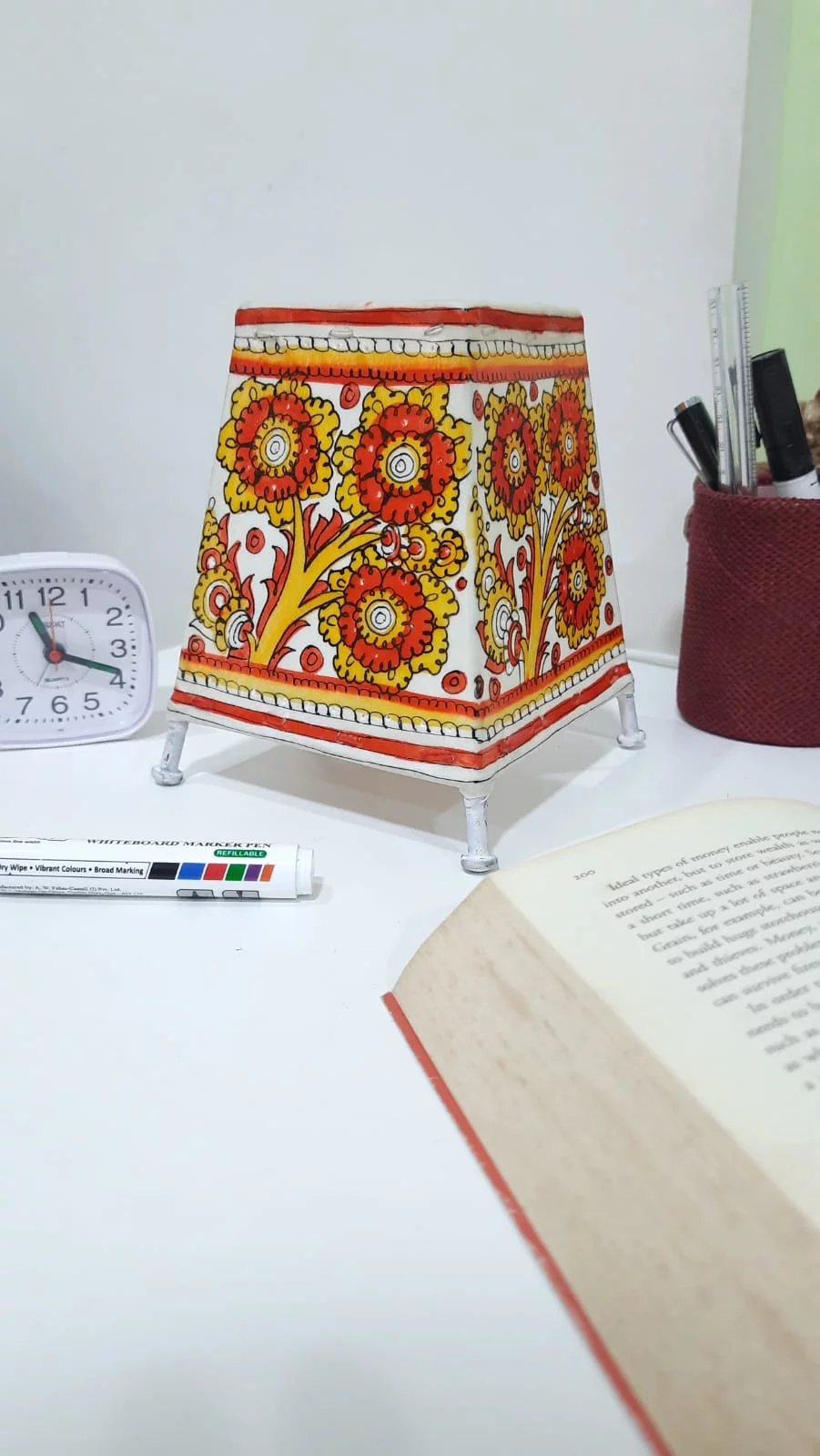Hand Painted Leather Mini Lamp with holder and wire.