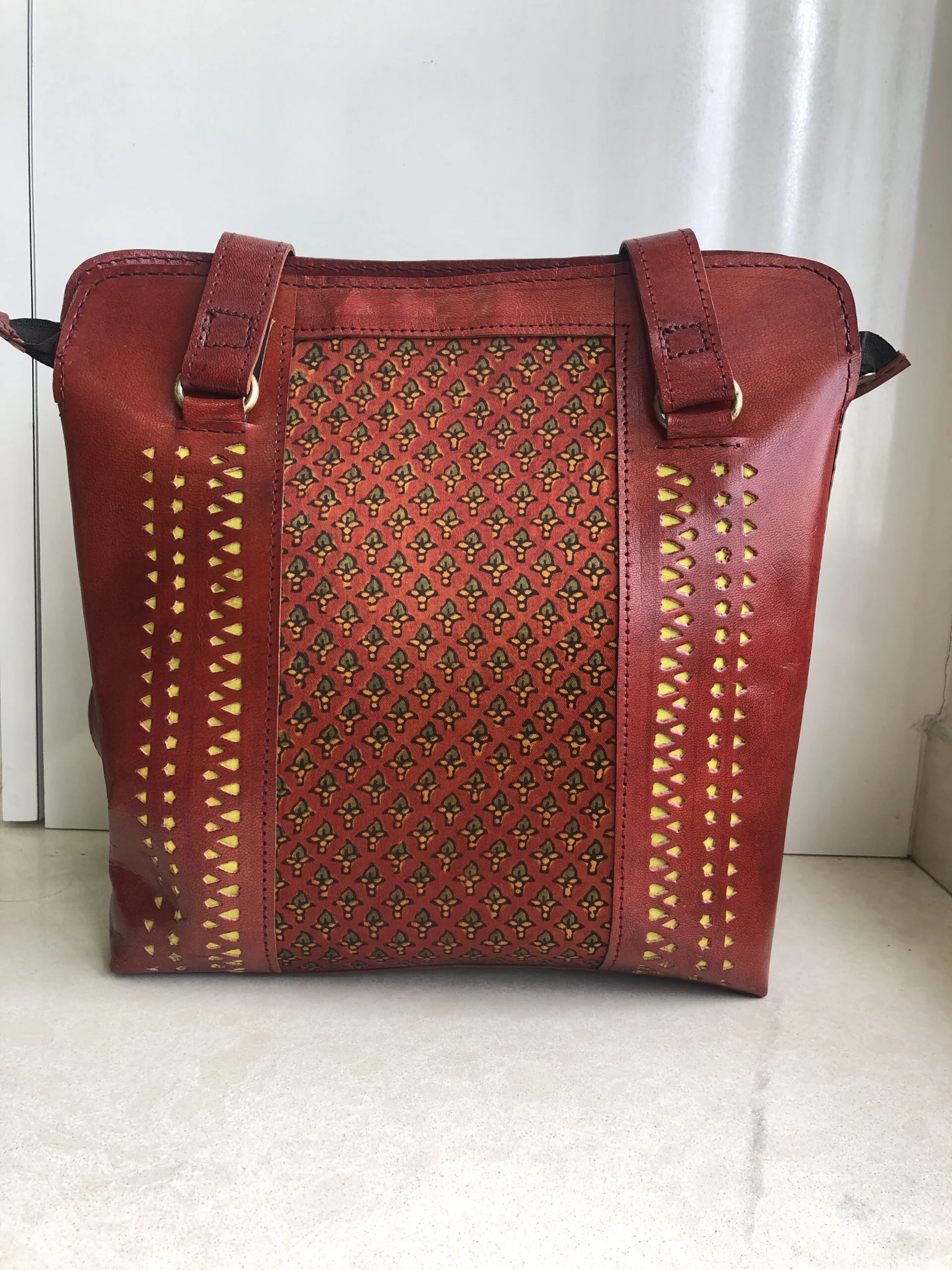 Handcrafted Kutchi Leather Mashru silk Handbag (Brown)