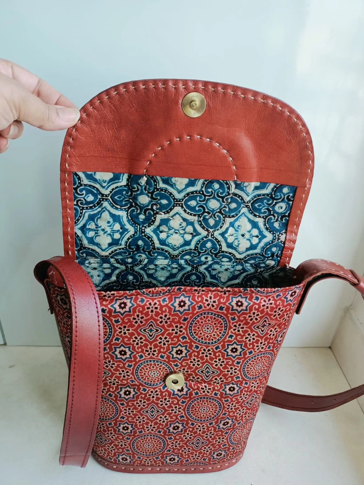Handcrafted Kutchi leather Mashru silk Bucket shaped sling bag with embroidery - Image 2
