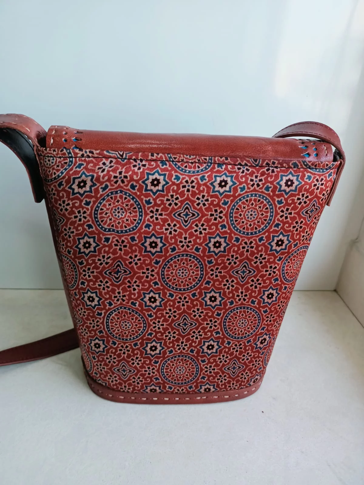 Handcrafted Kutchi leather Mashru silk Bucket shaped sling bag with embroidery - Image 3