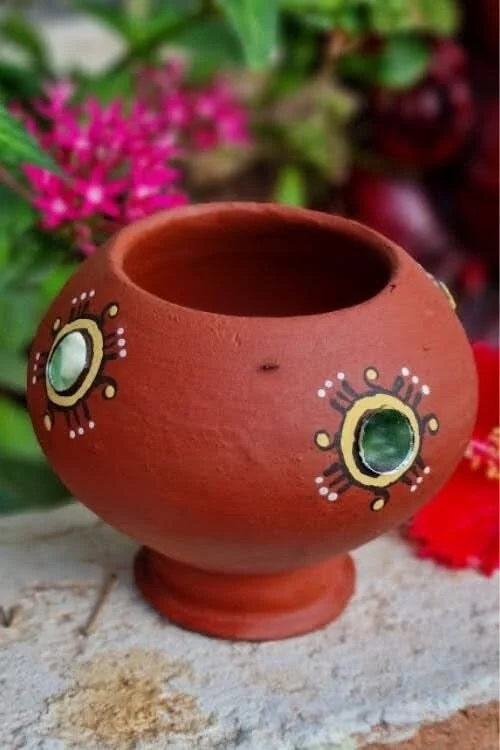 Hand Painted Terracotta Akhand Diya with Mirror work - Image 3
