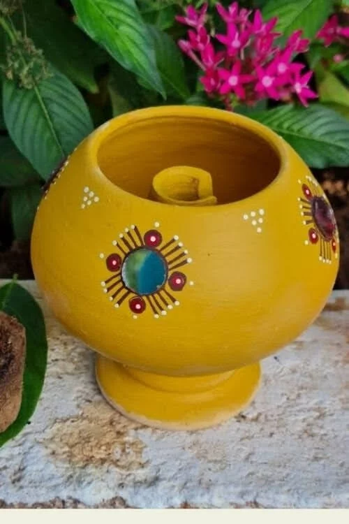 Hand Painted Terracotta Akhand Diya with Mirror work - Image 3