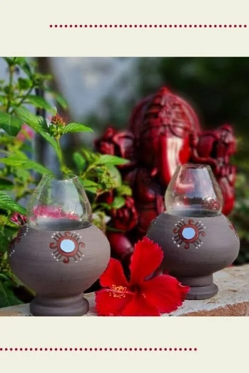 Hand Painted Terracotta Akhand Diya with Mirror work