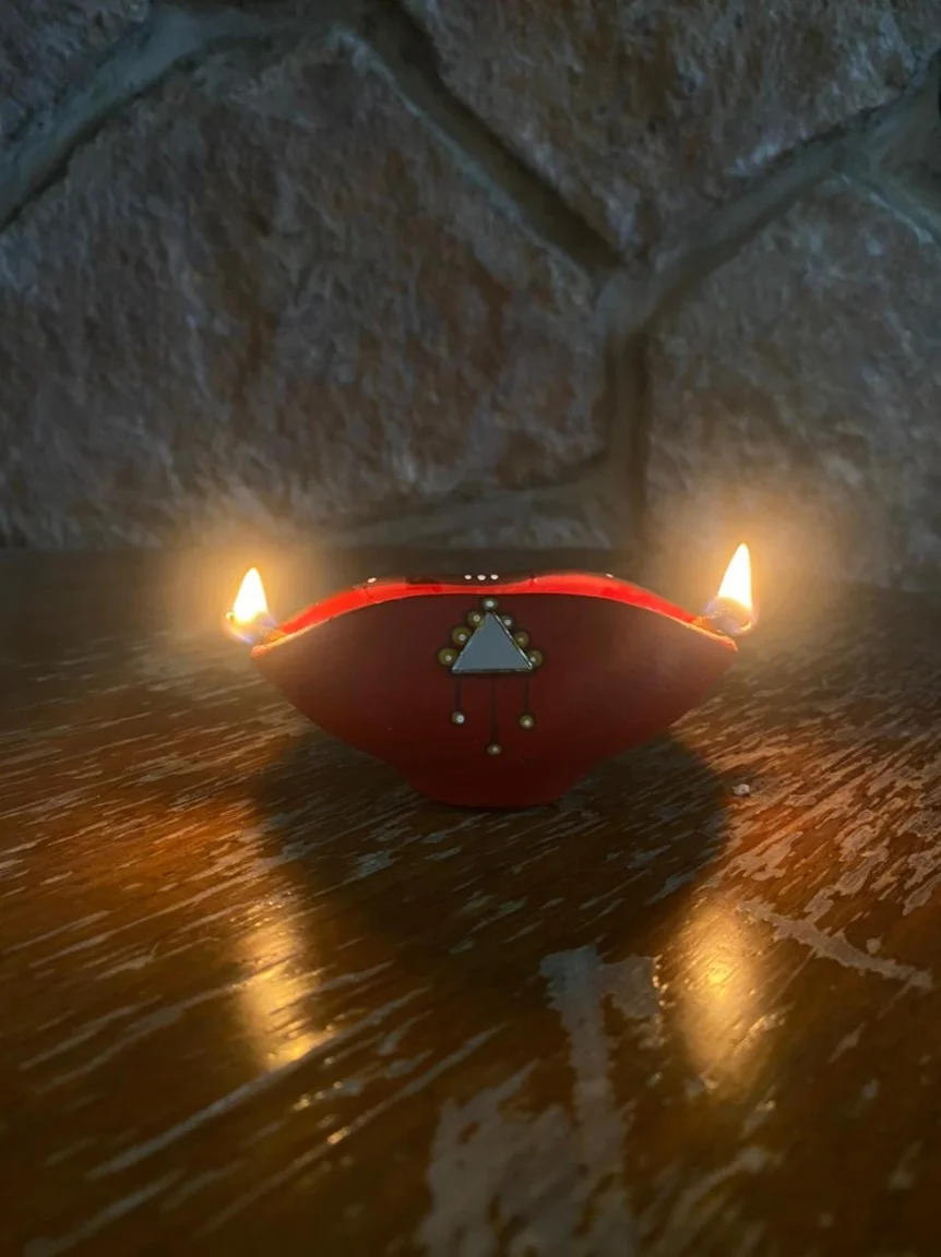 Hand Painted Terracotta Chapti Diya with Mirror work (Set of 2) - Image 7