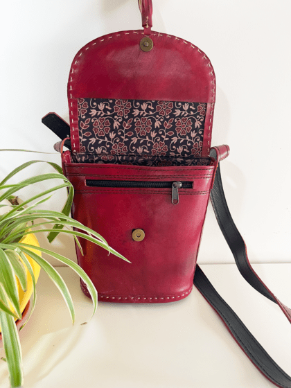 Handcrafted Kutchi leather Bucket shaped Sling Bag with Cutwork - Image 2