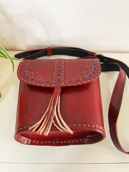 Handcrafted Kutchi leather Bucket shaped Sling Bag with Cutwork - Image 3