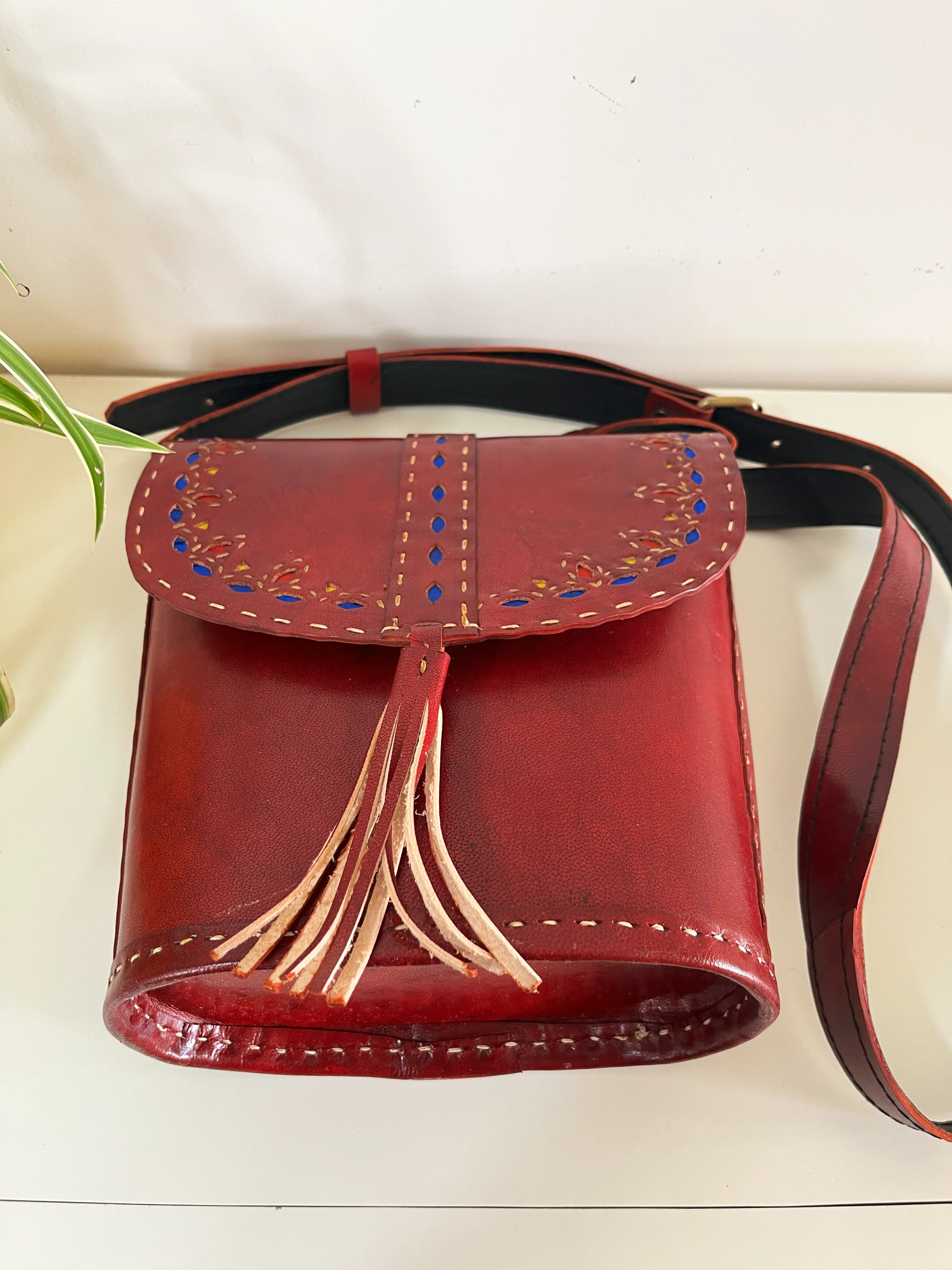 Handcrafted Kutchi leather Bucket shaped Sling Bag with Cutwork - Image 3