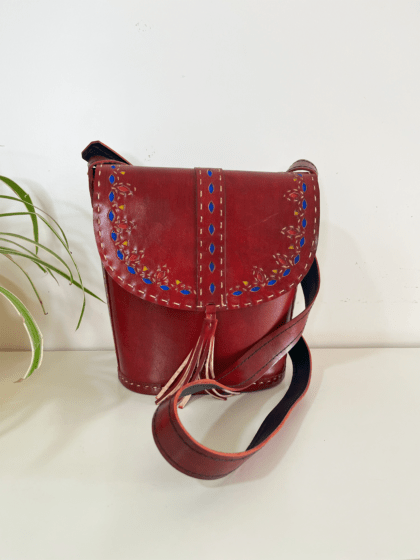 Handcrafted Kutchi leather Bucket shaped Sling Bag with Cutwork