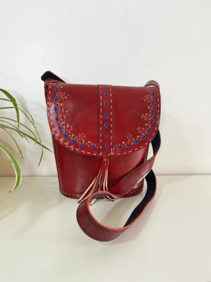 Handcrafted Kutchi leather Bucket shaped Sling Bag with Cutwork