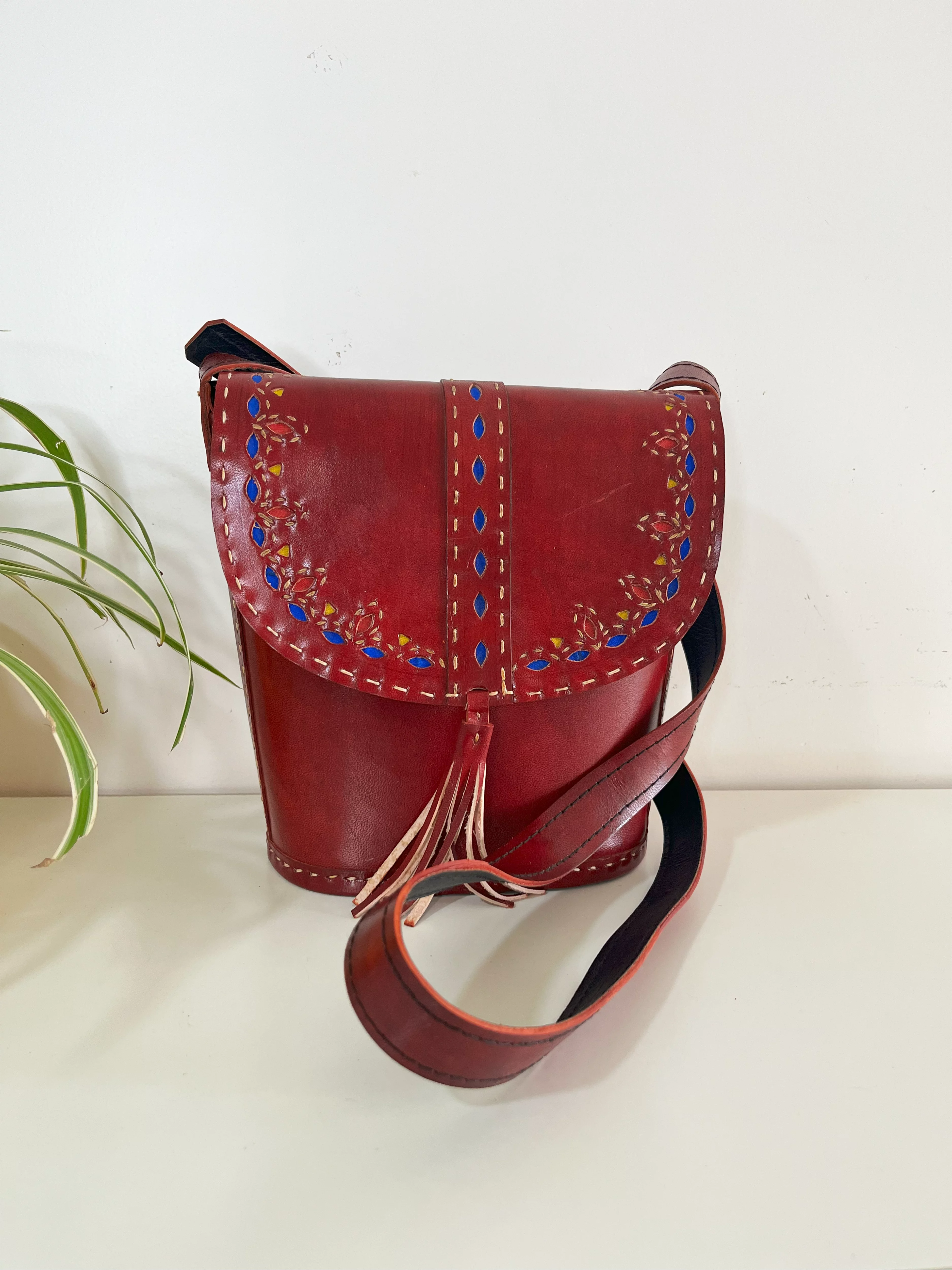 Handcrafted Kutchi leather Bucket shaped Sling Bag with Cutwork
