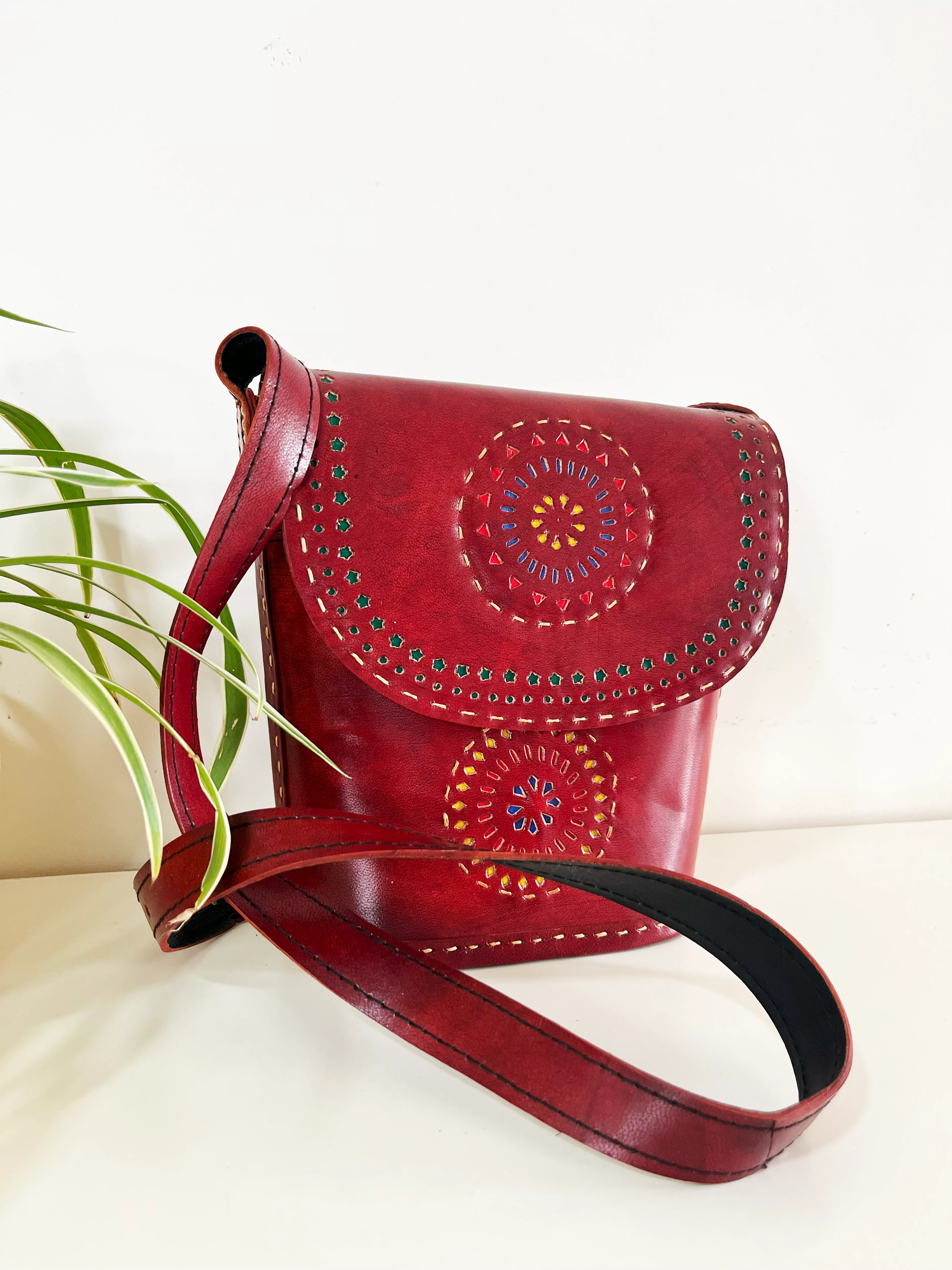 Handcrafted Kutchi leather Bucket shaped Sling Bag with Cutwork - Image 3