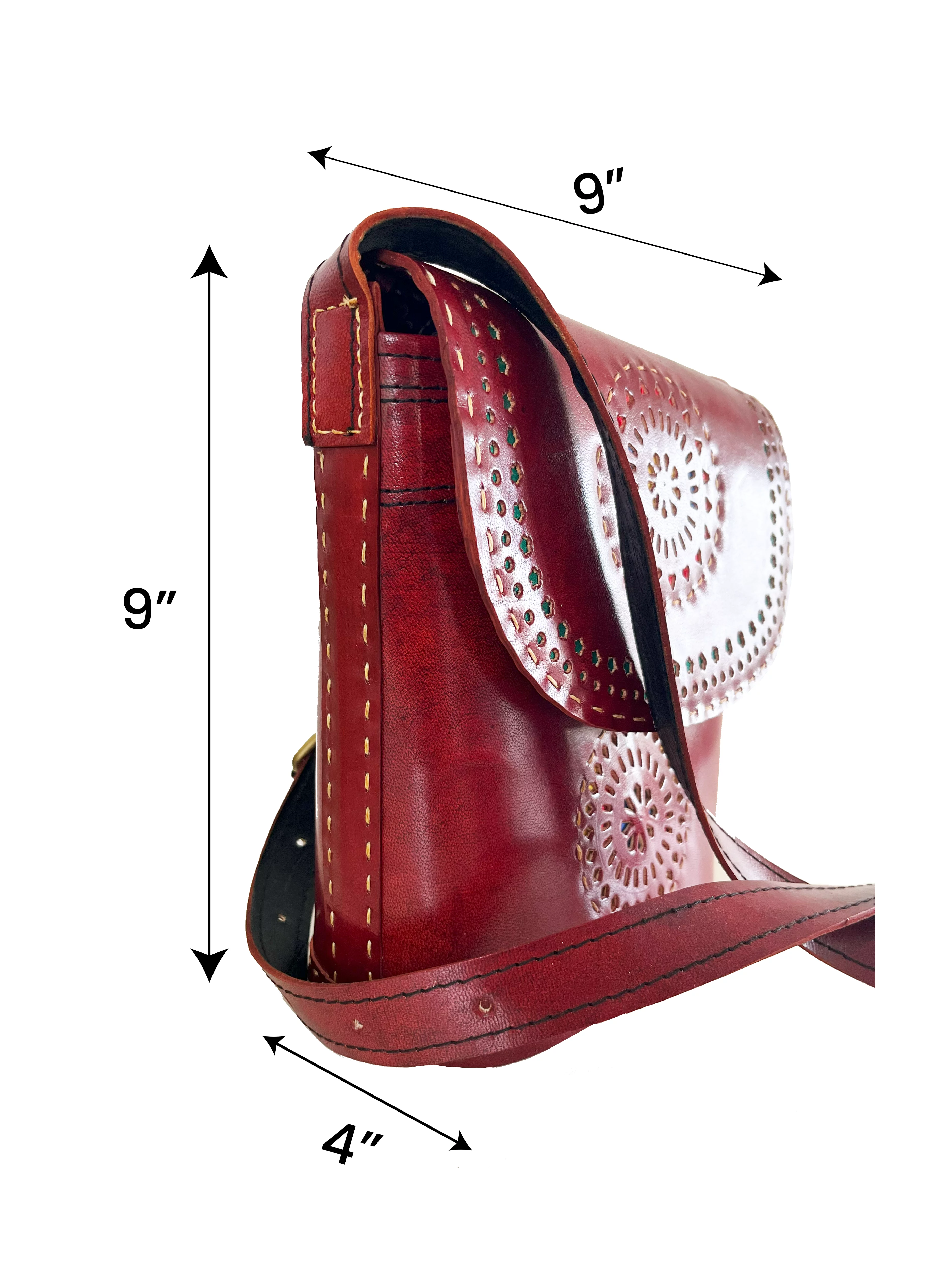 Handcrafted Kutchi leather Bucket shaped Sling Bag with Cutwork - Image 4