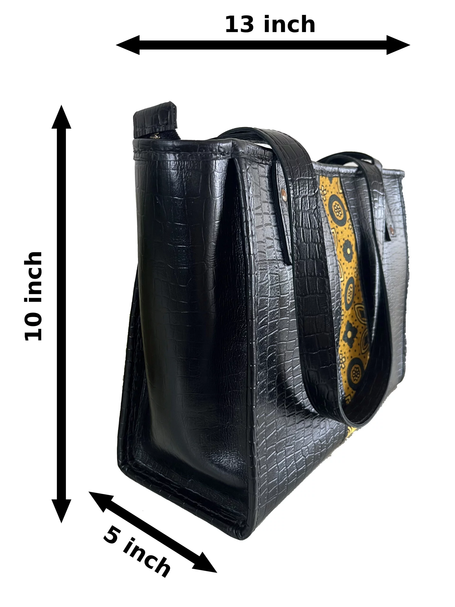 Handcrafted Kutchi Mashru Silk Crocodile Patterned Leather Handbag (Black) - Image 4