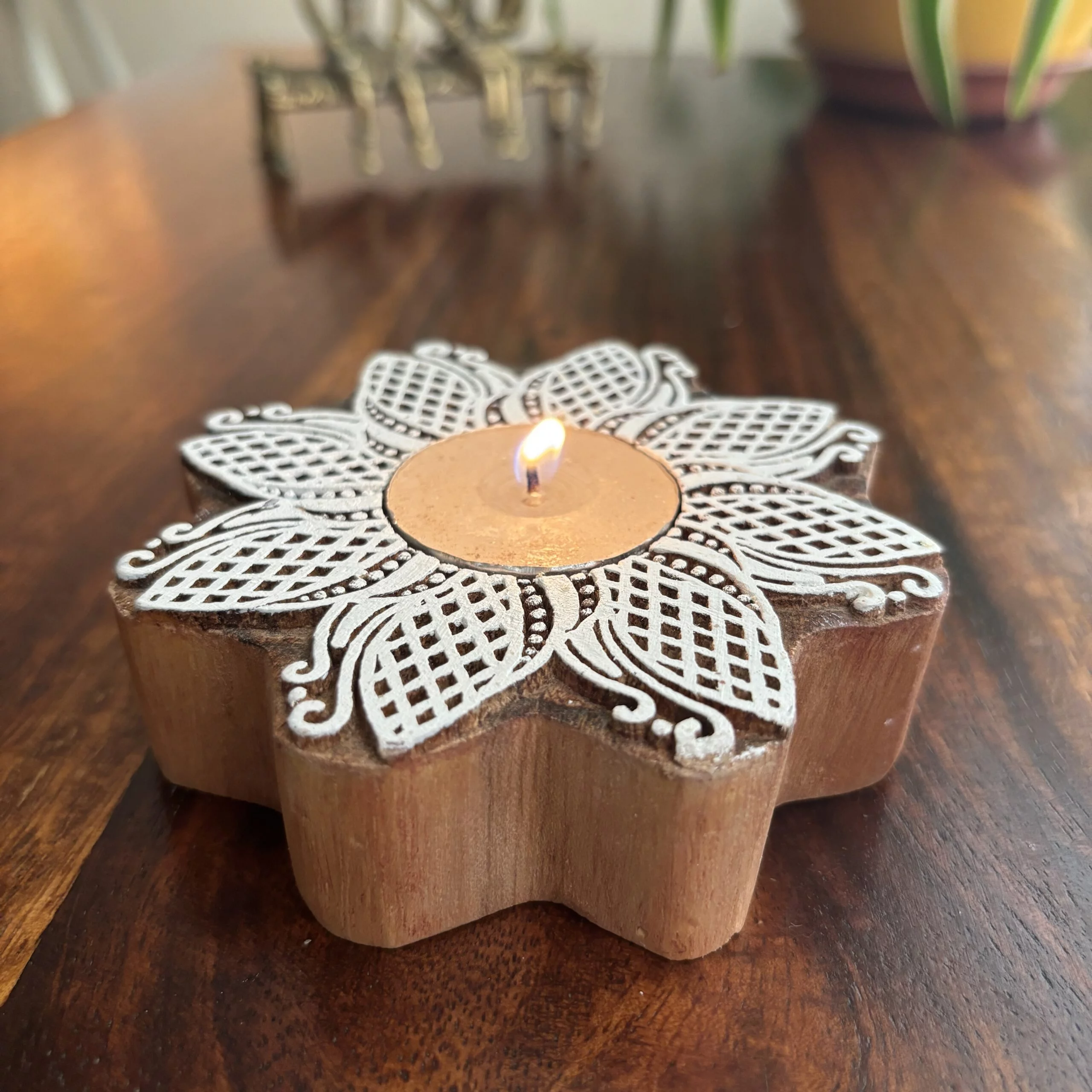 Wooden Handcrafted Flower-Shaped Tea-Light Candle Holder - Image 2
