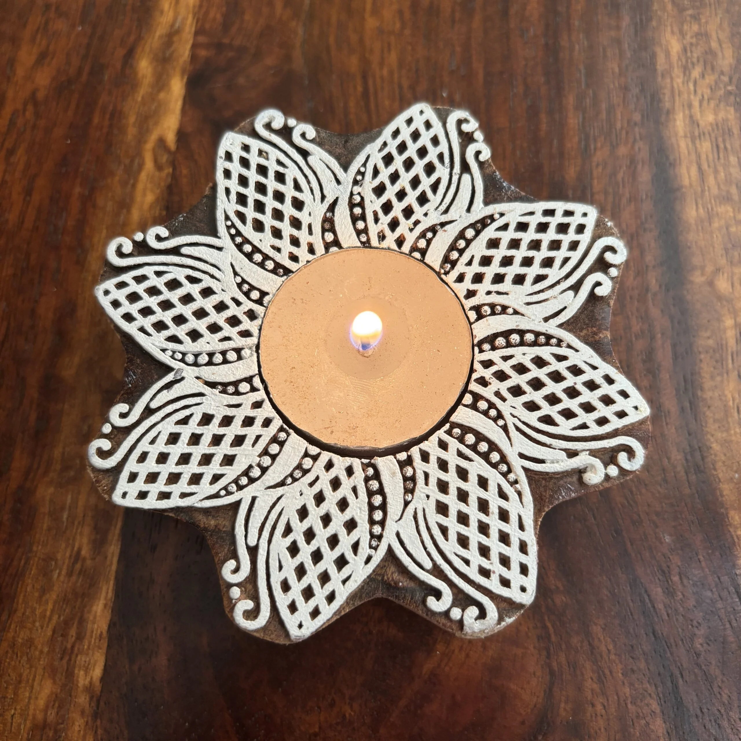 Wooden Handcrafted Flower-Shaped Tea-Light Candle Holder - Image 3