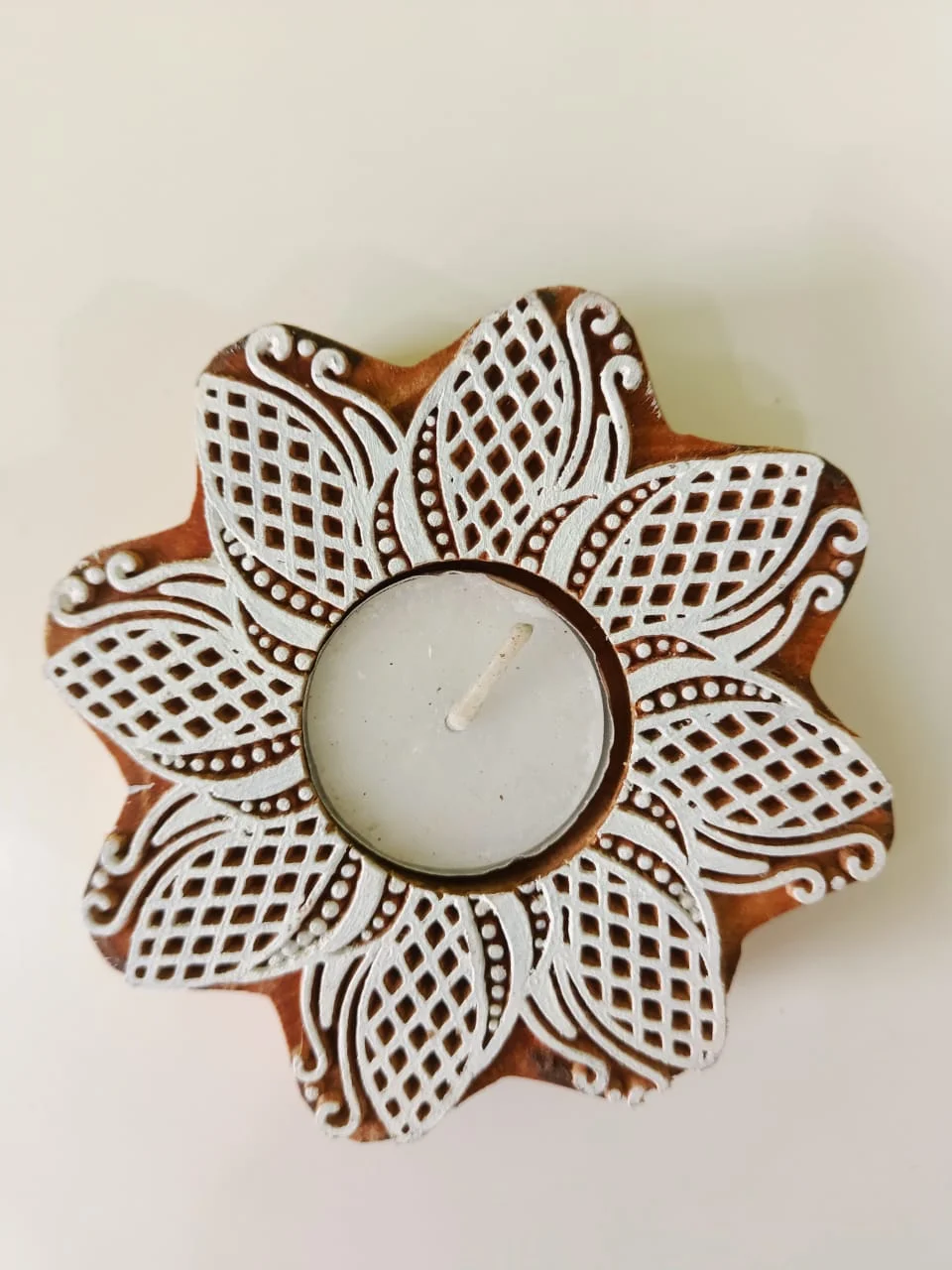 Wooden Handcrafted Flower-Shaped Tea-Light Candle Holder - Image 4