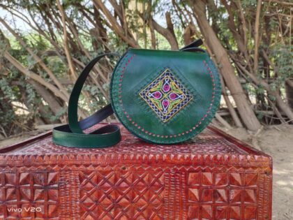 Kutchi Leather Moon-shaped Emerald Green Sling Bag
