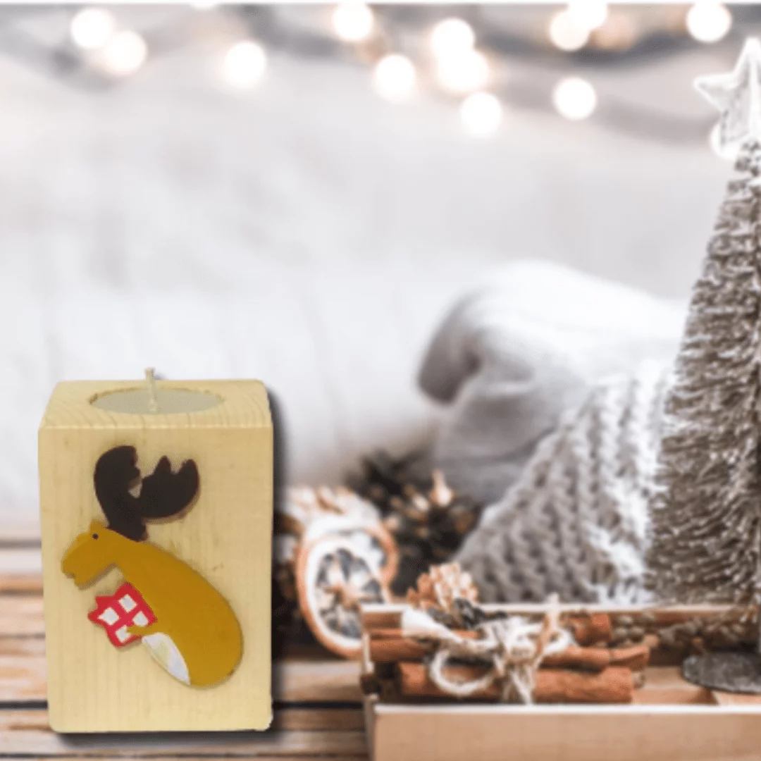 Handmade Wooden Christmas T-Light Candle Holder - Reindeer