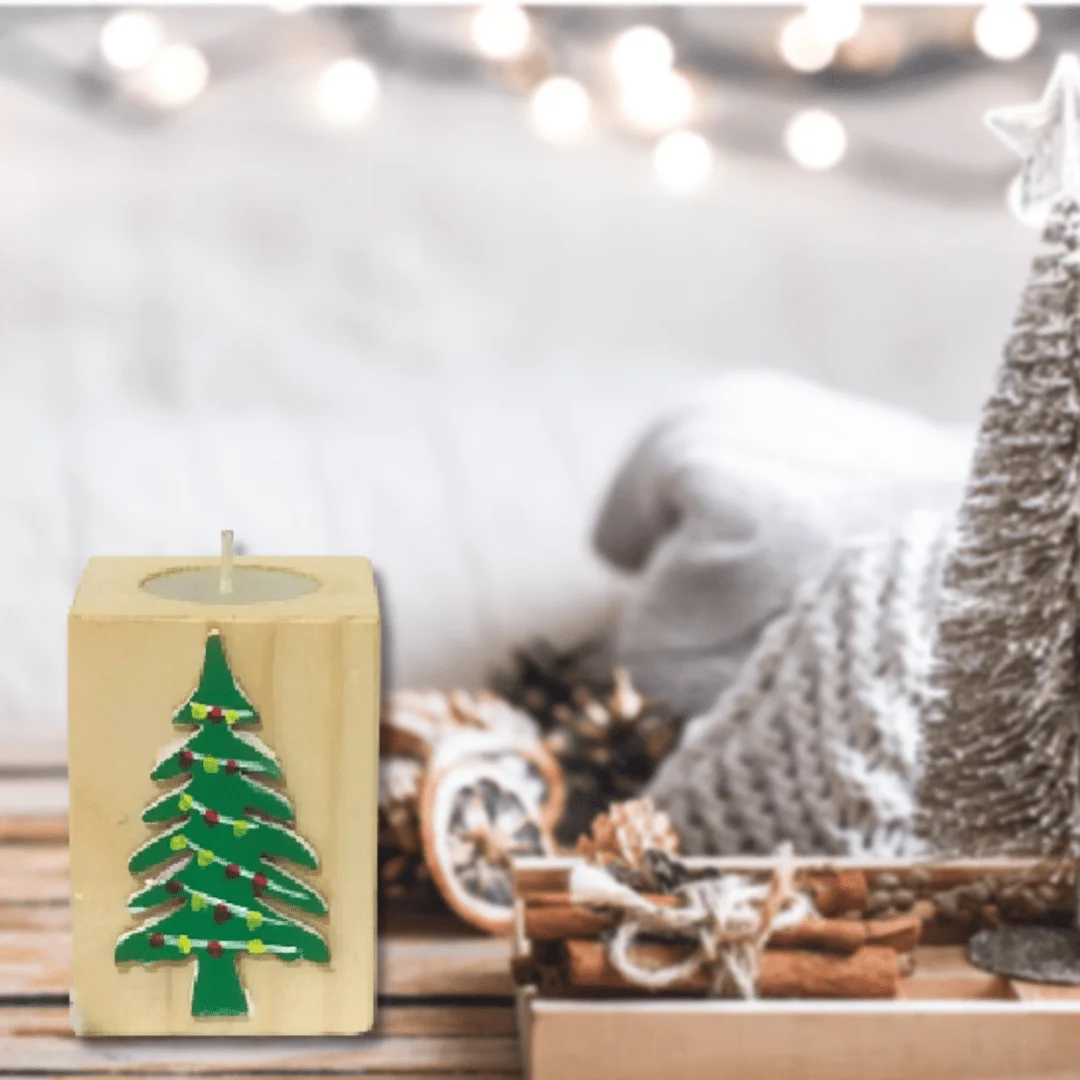 Handmade Wooden Christmas T-Light Candle Holder - Christmas tree