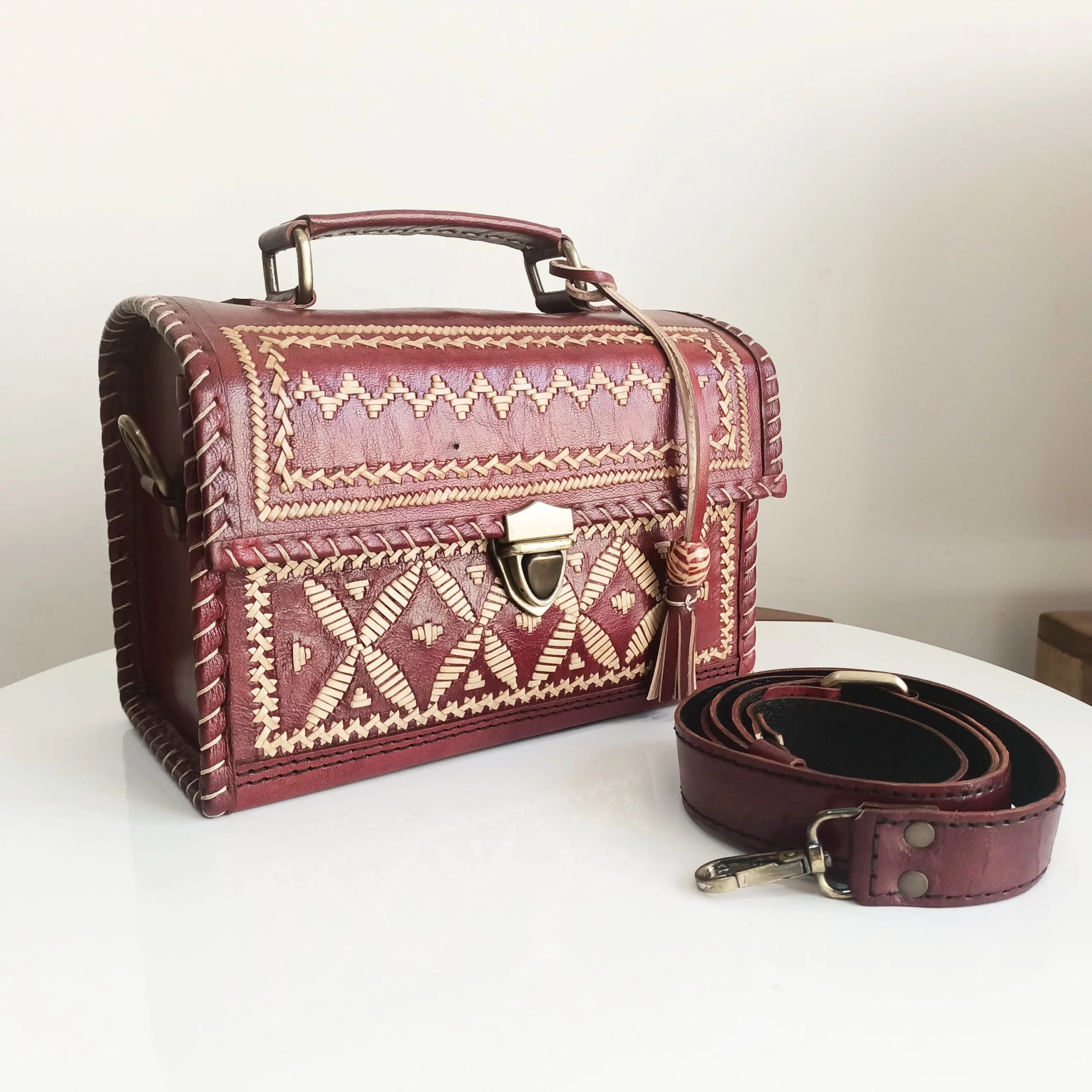 Handcrafted Kutchi Leather Box Sling Bag / Hut Bag with Premium Hand Embroidery