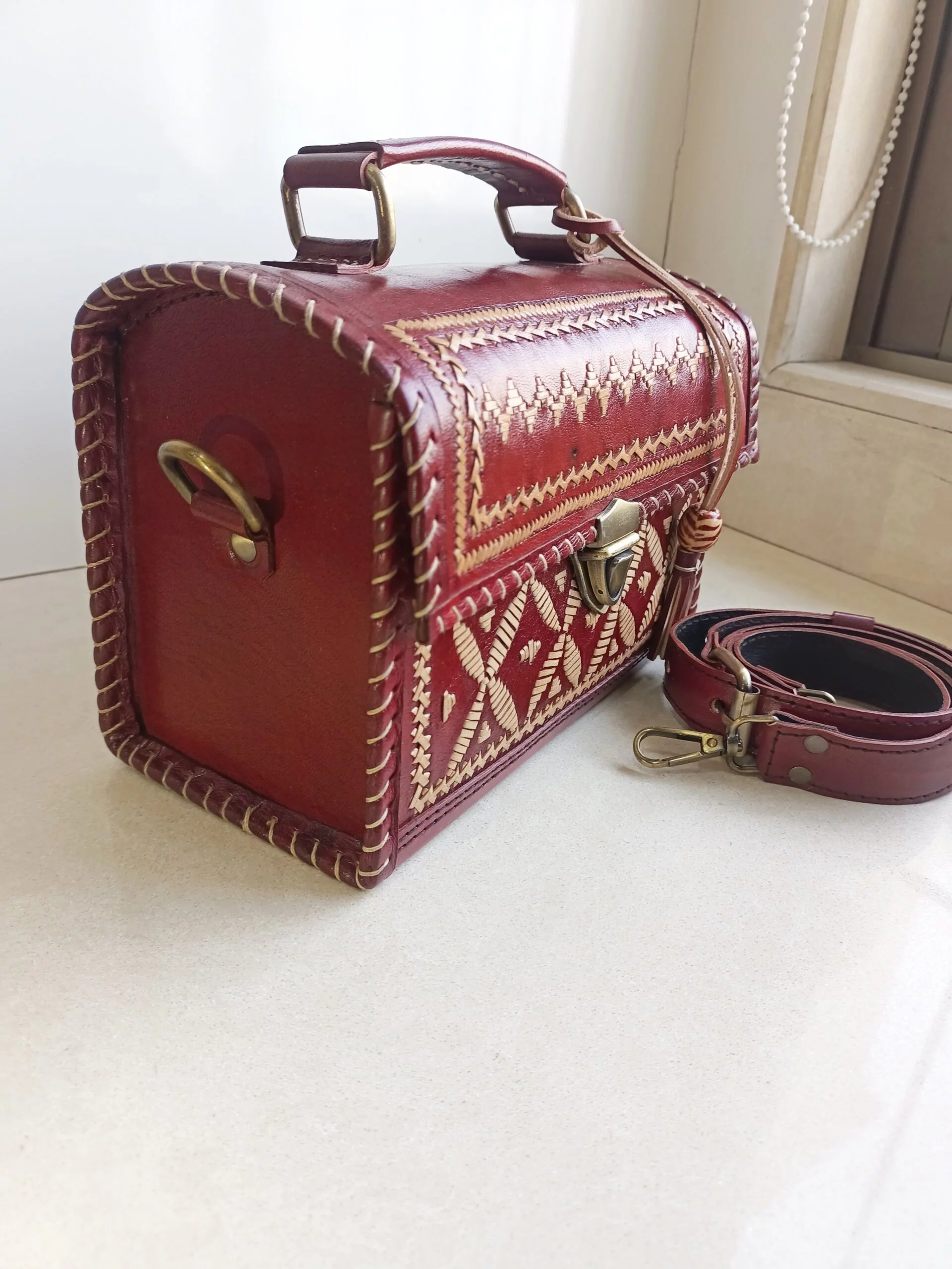 Handcrafted Kutchi Leather Box Sling Bag / Hut Bag with Premium Hand Embroidery - Image 5