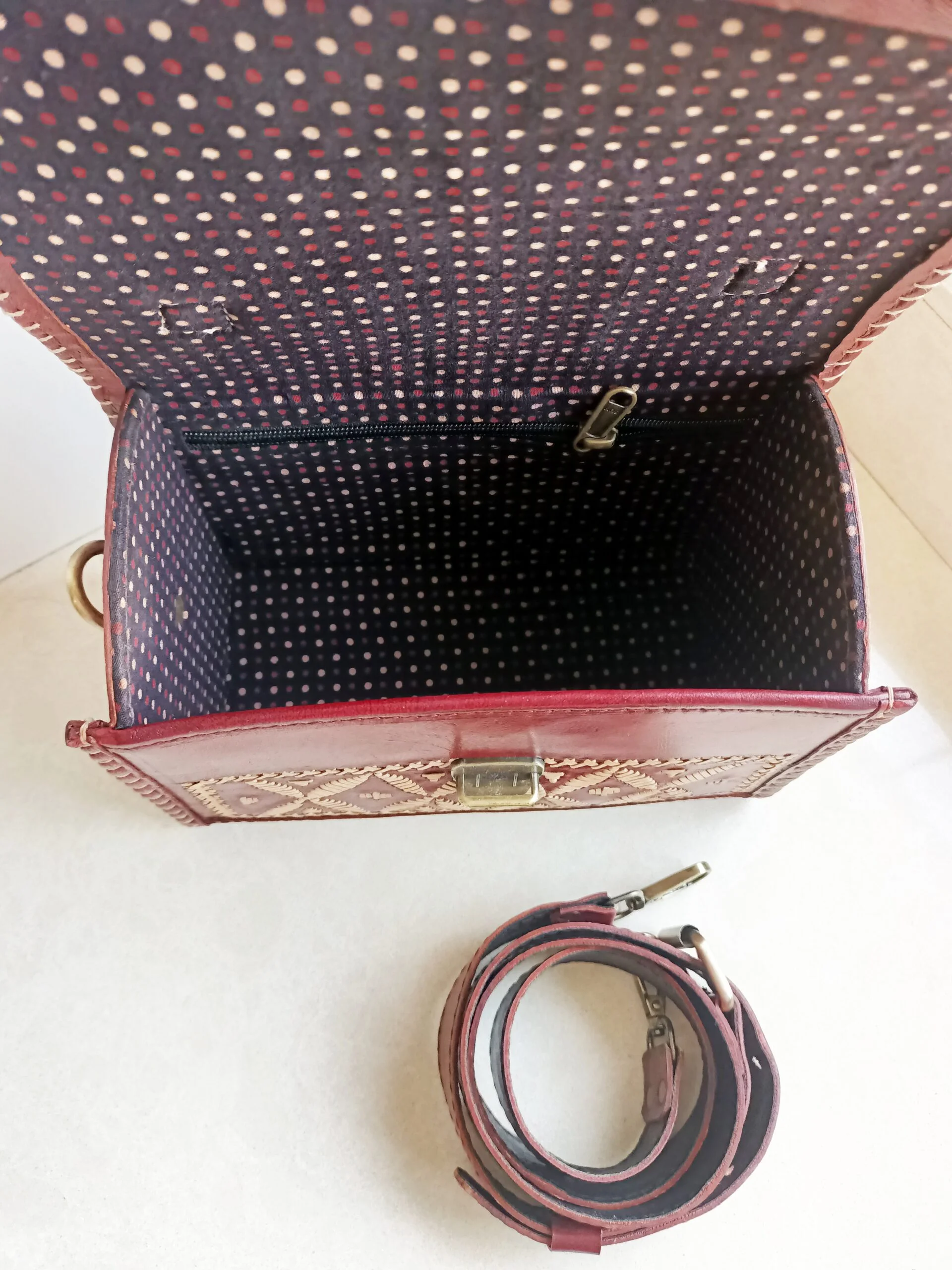 Handcrafted Kutchi Leather Box Sling Bag / Hut Bag with Premium Hand Embroidery - Image 6