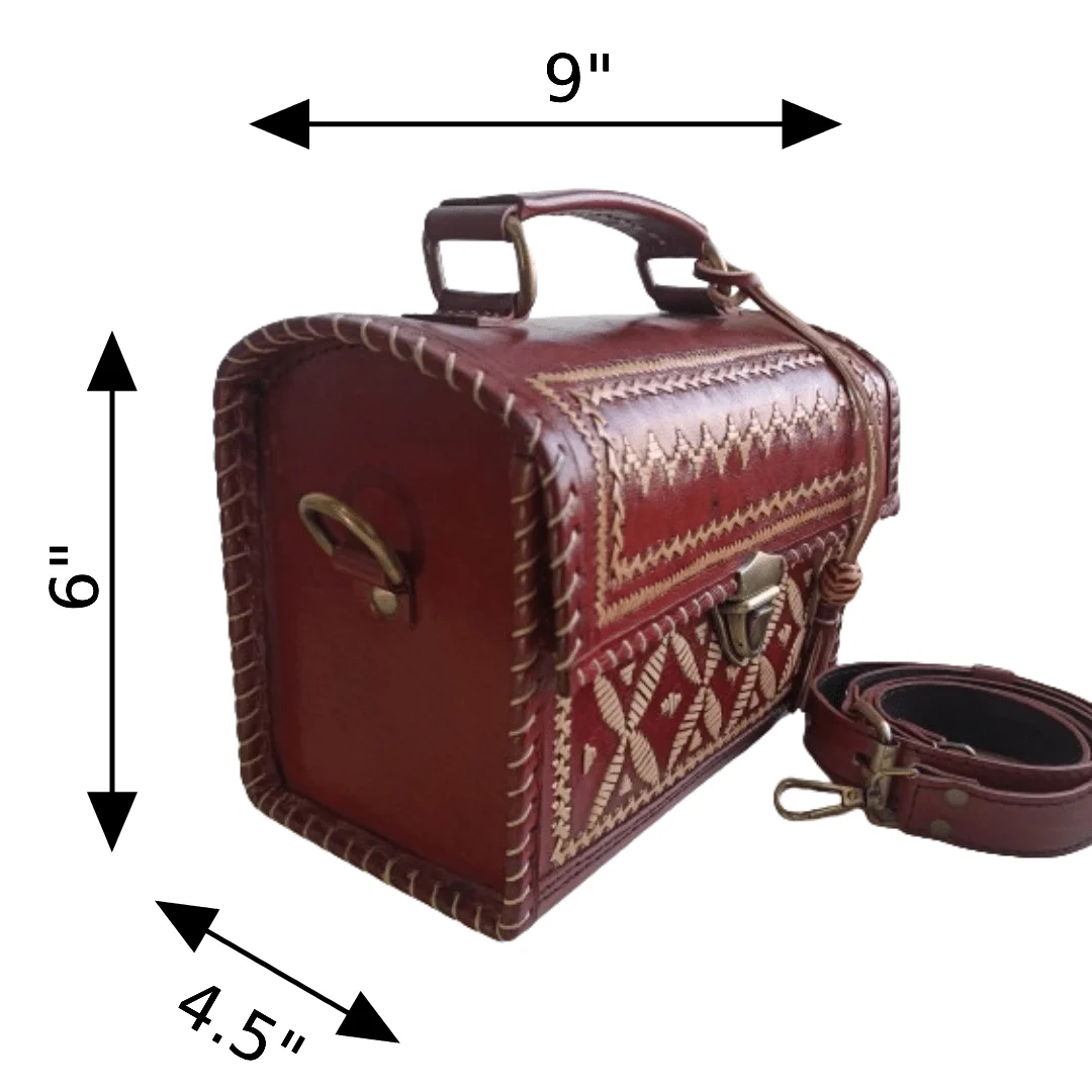 Handcrafted Kutchi Leather Box Sling Bag / Hut Bag with Premium Hand Embroidery - Image 2