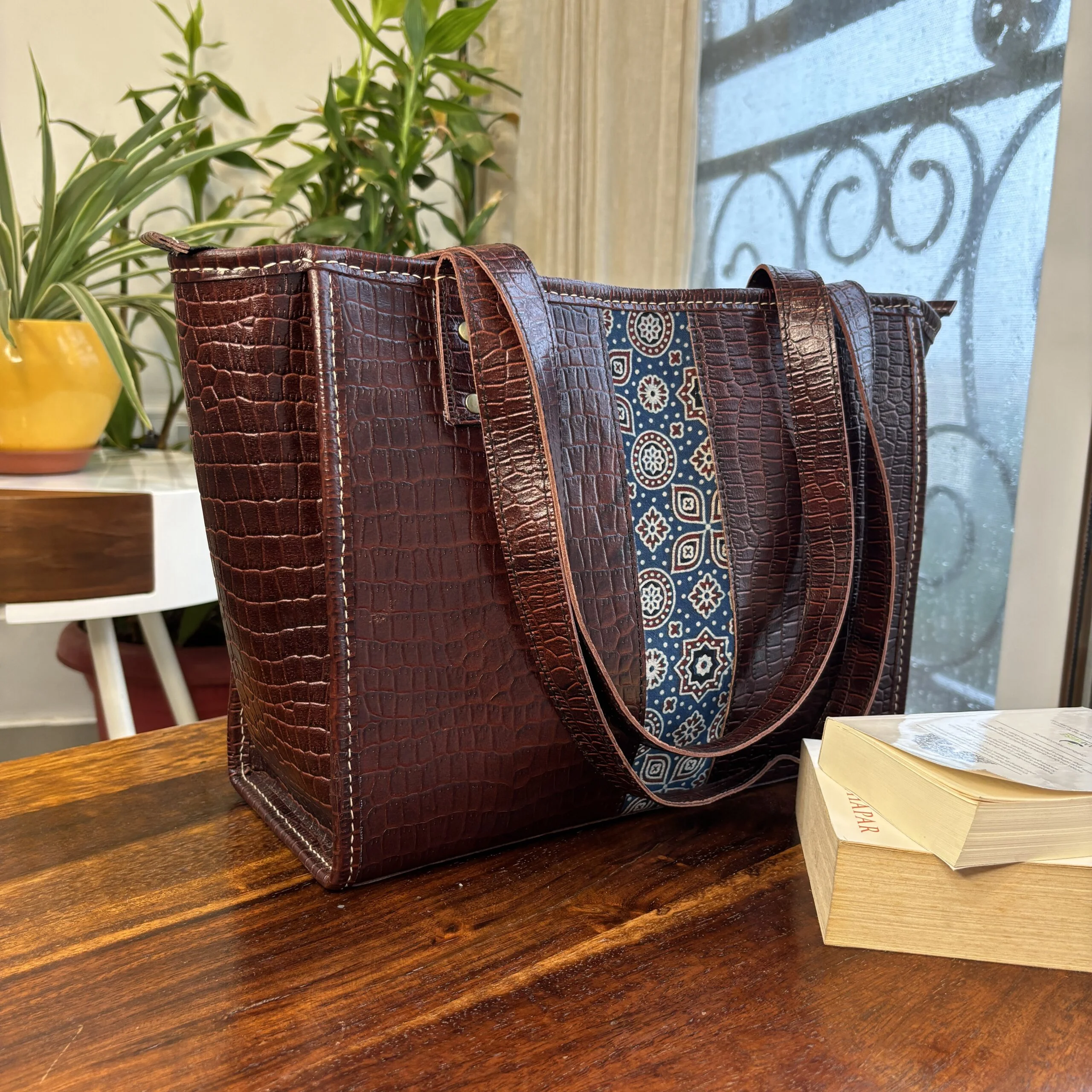 Handcrafted Kutchi Mashru silk Crocodile Patterned Leather Handbag (Brown)