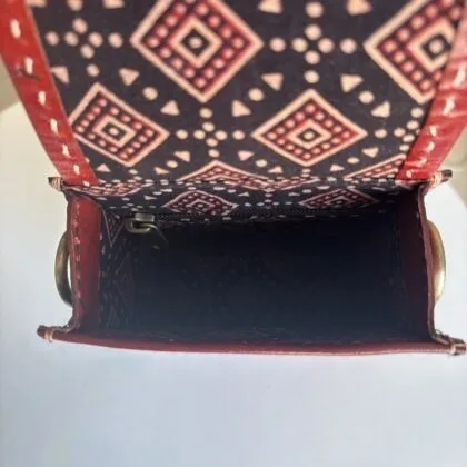 Handcrafted Kutchi Leather Mashru silk Phone Sling Bag - Image 9