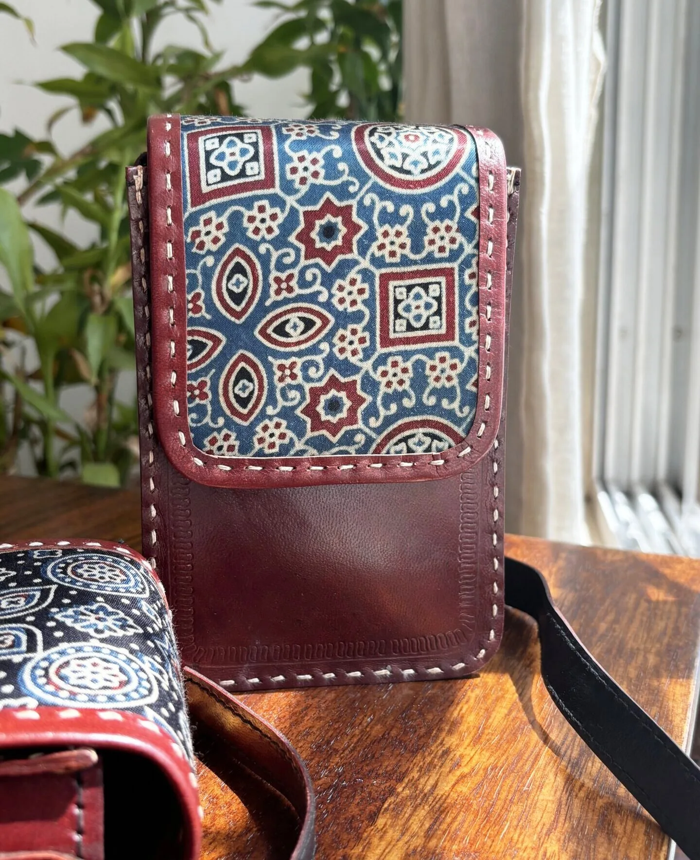 Handcrafted Kutchi Leather Mashru silk Phone Sling Bag
