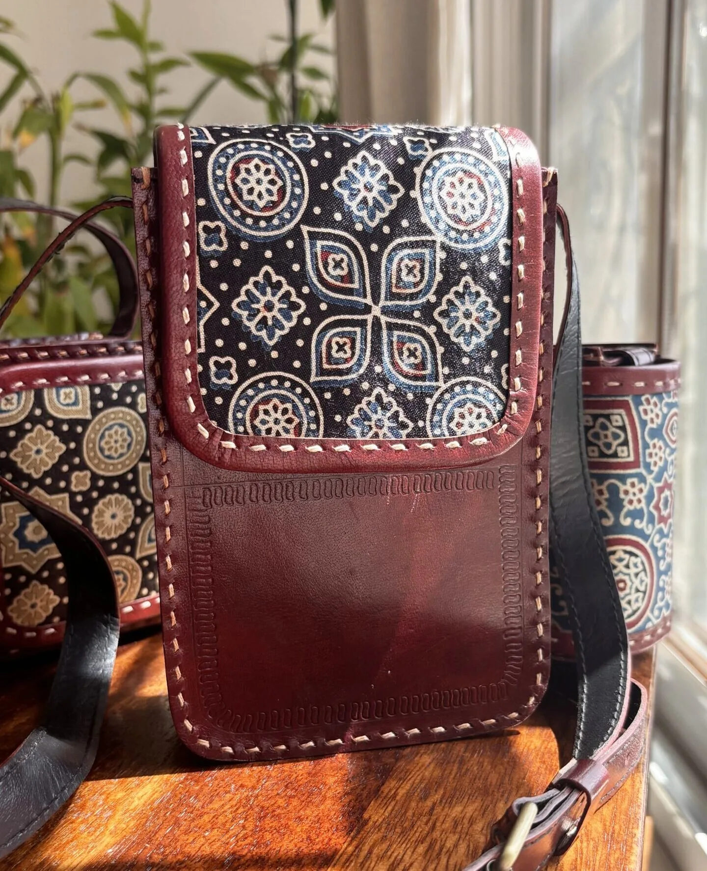 Handcrafted Kutchi Leather Mashru silk Phone Sling Bag - Image 3
