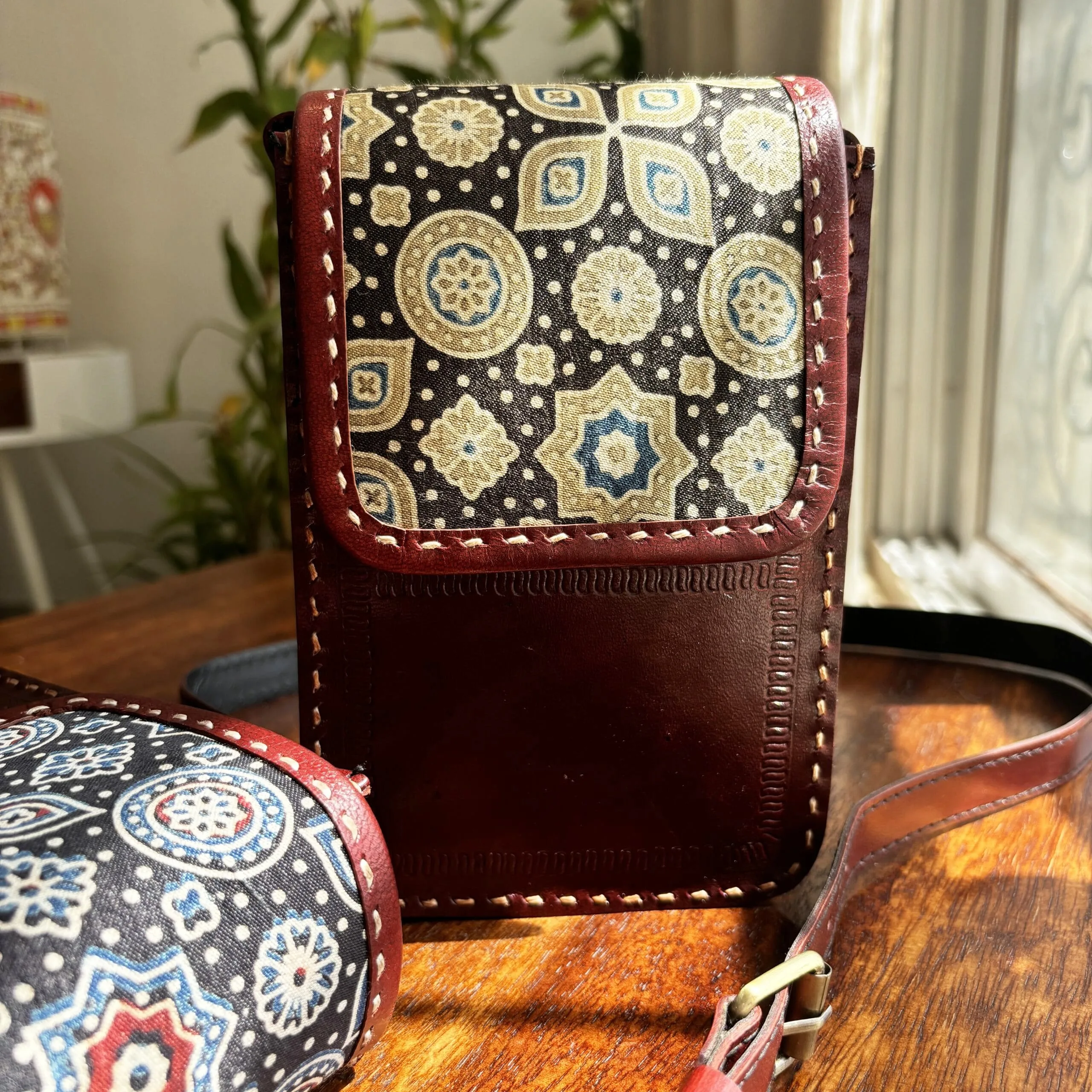 Handcrafted Kutchi Leather Mashru silk Phone Sling Bag - Image 4