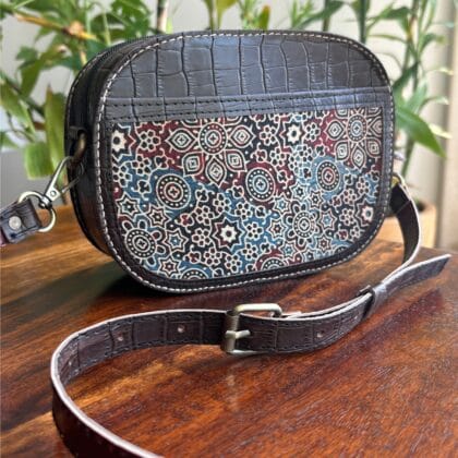 Handcrafted Kutchi Mashru Silk Crocodile Patterned Leather Ever-Ready Sling Bag