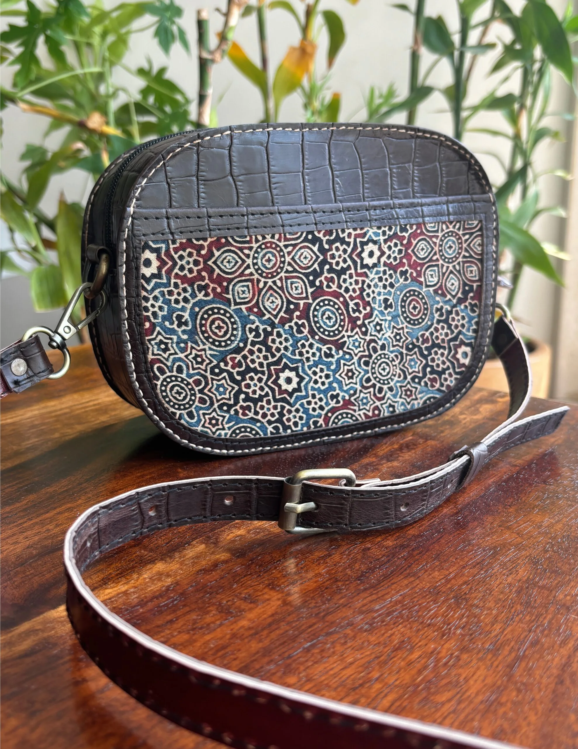 Handcrafted Kutchi Mashru Silk Crocodile Patterned Leather Ever-Ready Sling Bag