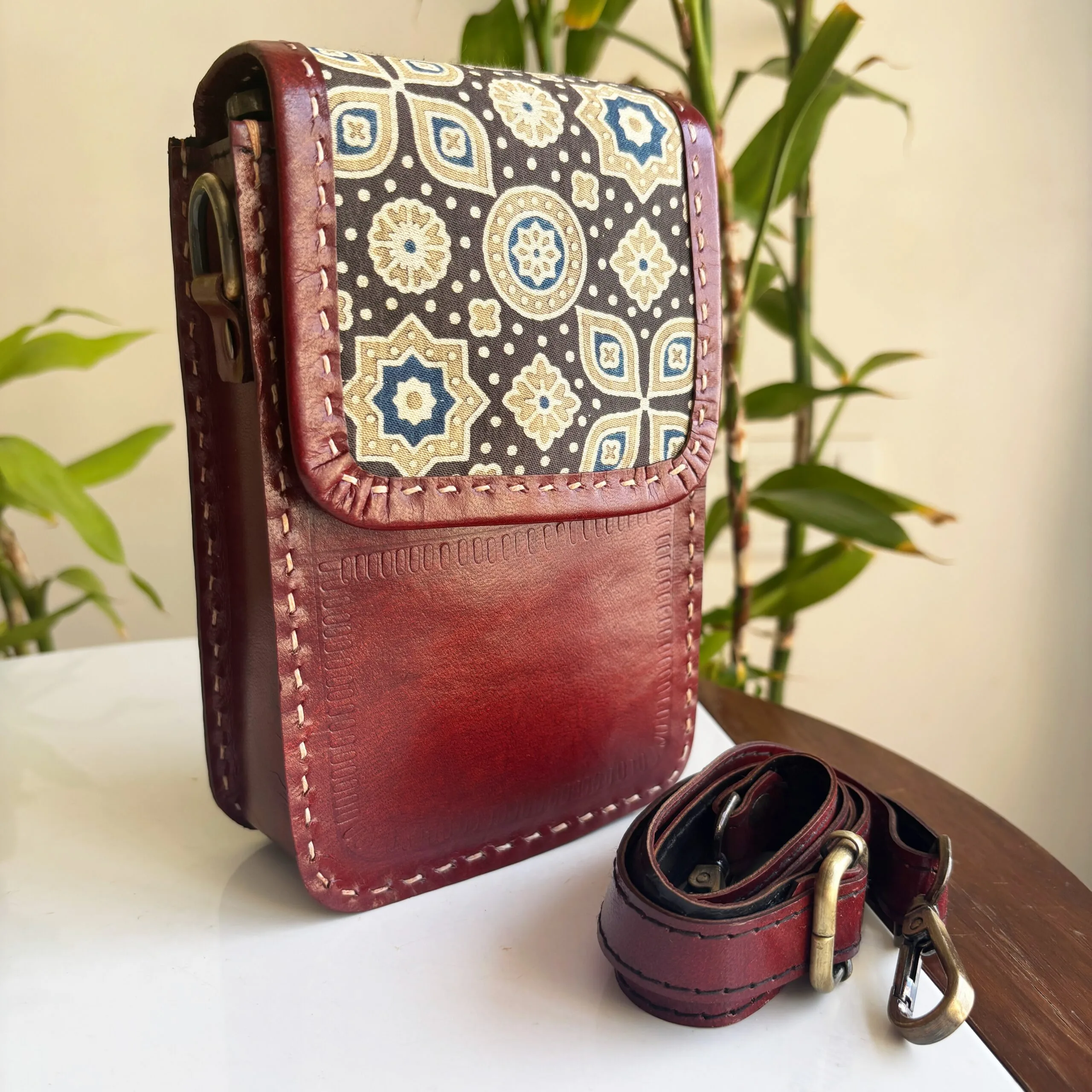 Handcrafted Kutchi Leather Mashru silk Phone Sling Bag - Image 5