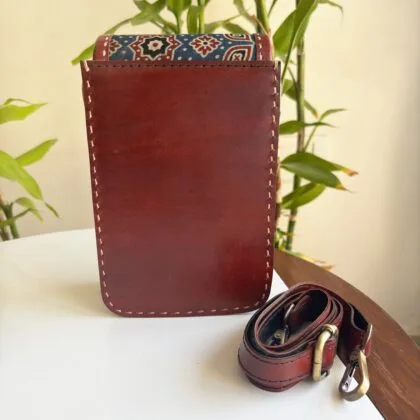 Handcrafted Kutchi Leather Mashru silk Phone Sling Bag - Image 7