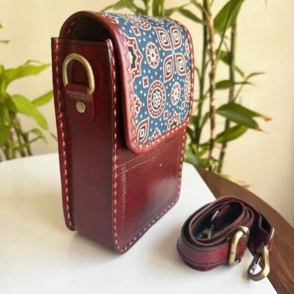 Handcrafted Kutchi Leather Mashru silk Phone Sling Bag - Image 8