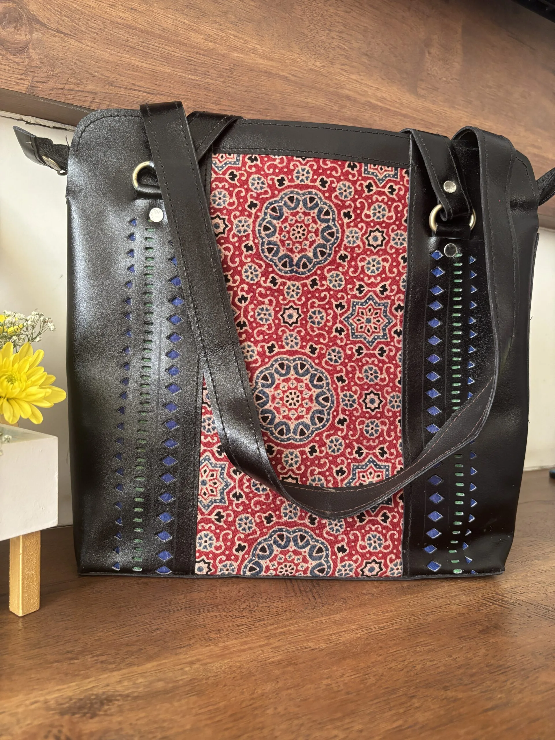 Handcrafted Kutchi Leather Mashru silk Handbag (Black) - Image 5