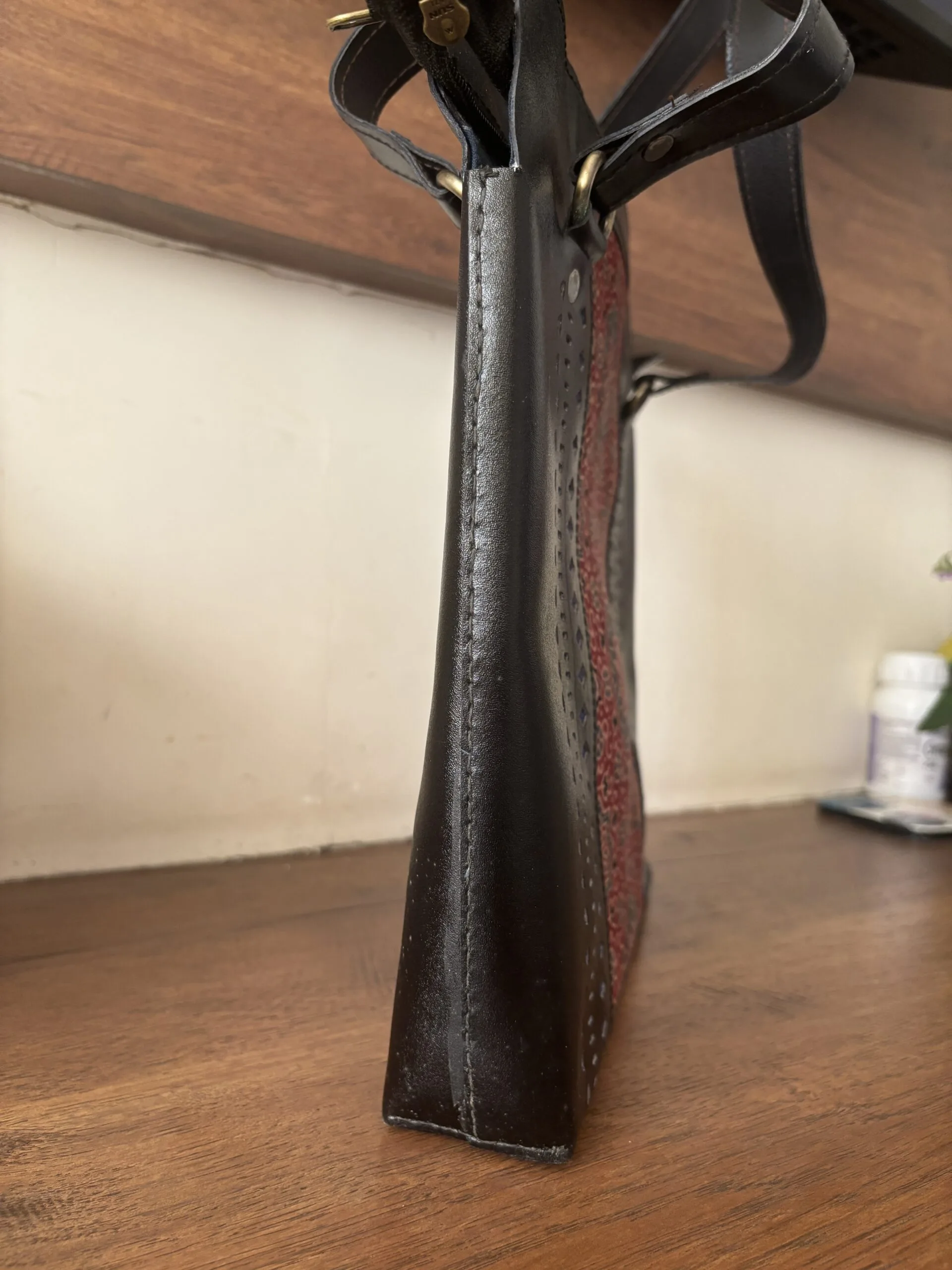 Handcrafted Kutchi Leather Mashru silk Handbag (Black) - Image 4