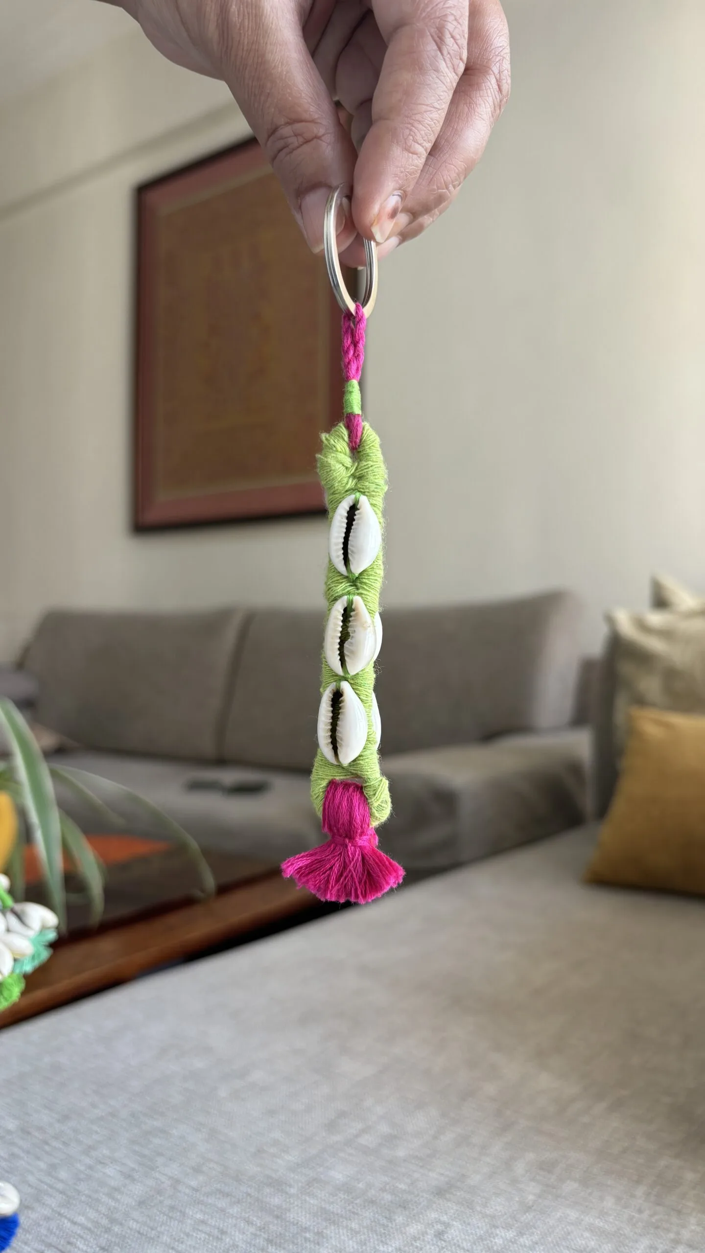 Boho / Tribal Green-Magenta Cowrie With Tassle Key Chain - Image 3