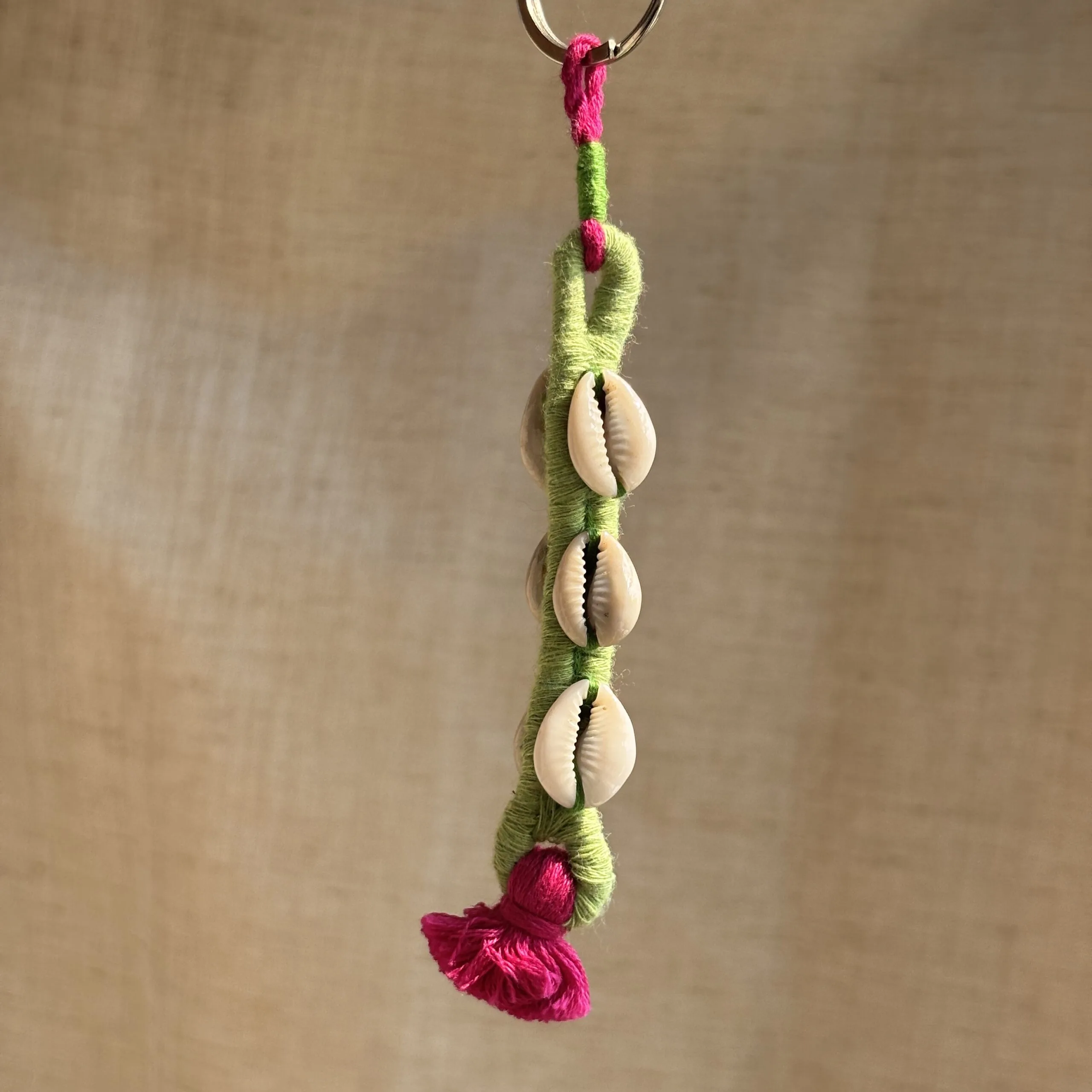 Boho / Tribal Green-Magenta Cowrie With Tassle Key Chain - Image 2