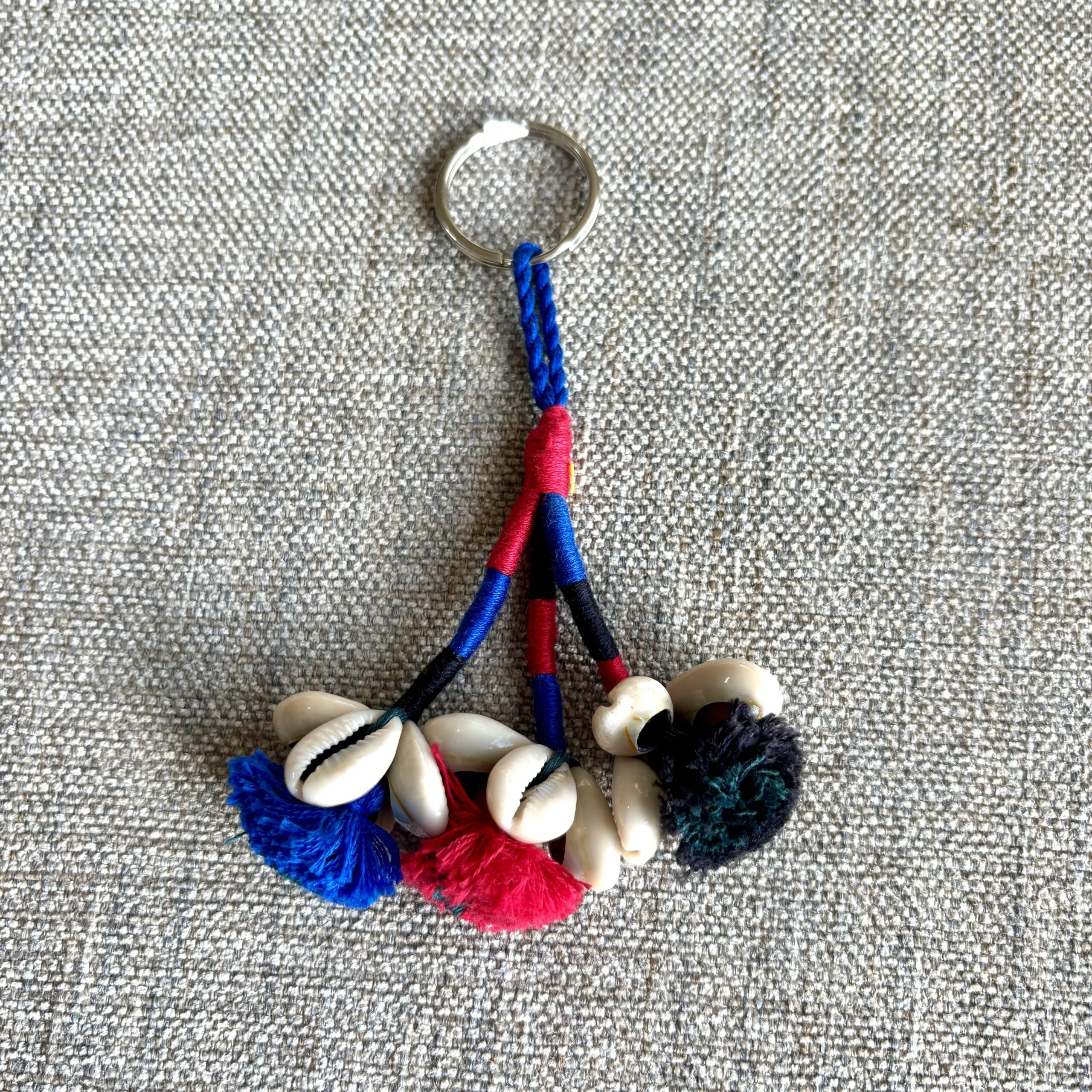 Boho / Tribal Blue-Red-Black Cowrie With Tassle Key Chains